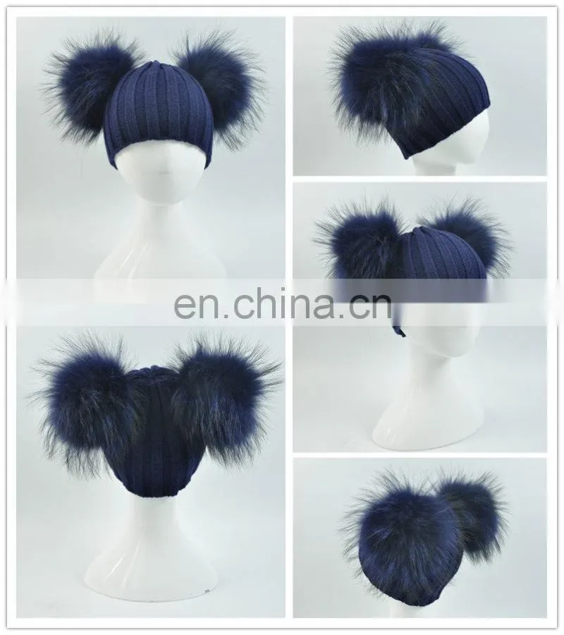 Wholesale Fashion Cheap kids Knitted Hats Real Fur Two Poms Kids Hat Winter