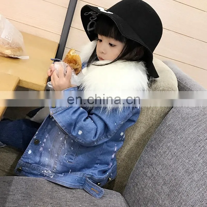 Fashion Casual Denim Jacket Raccoon Fur Collar Real Rabbit Fur Lining Cute Child Coat