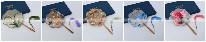 Chinese style multi-pattern silk embroidery handmade fan with wooden handle and tassel pendant