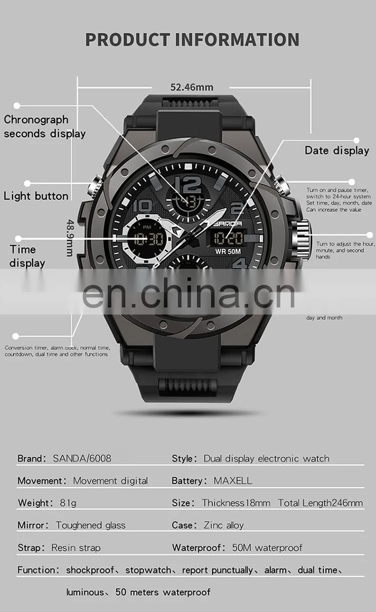 Sanda 6008 Relogio Masculino Sport Men's Watches Luminous Waterproof Analogue Digital Watches Men'S