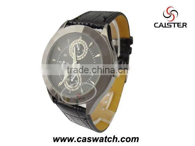 fashion custom false chronograph face watches PU leather gift promotion watch cheap metal watch for men
