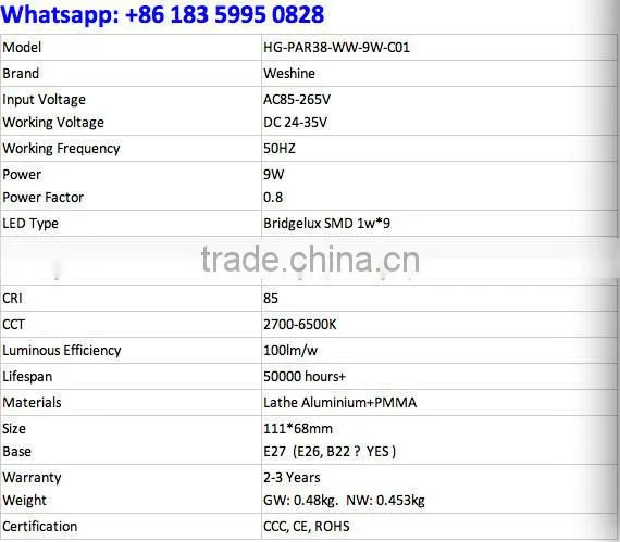 nice heat radiation PAR 38 E27 9W SMD LED spot light halogen light wholesale