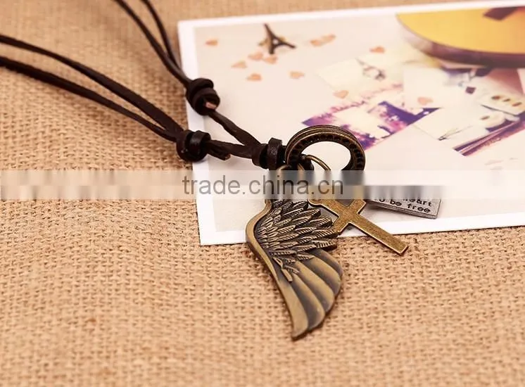 cross wing make adjustable cord leather lariat necklace