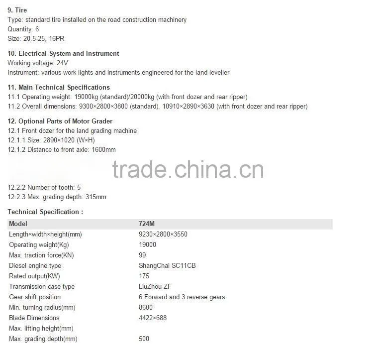 240HP New Brand Changlin Road Machine 19 Ton Motor Grader 724M for sale