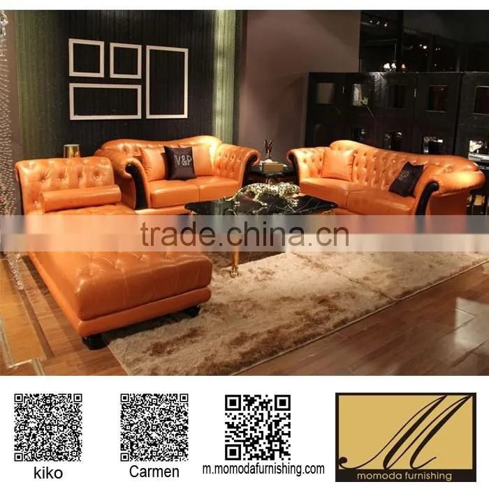 luxury Orange genuine cow leather neoclassic sectional stainless steel chesterfield sofa with chaise lounge set