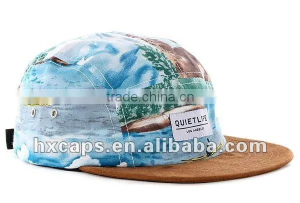 Custom flat suede brim country style printed 5 panel hat