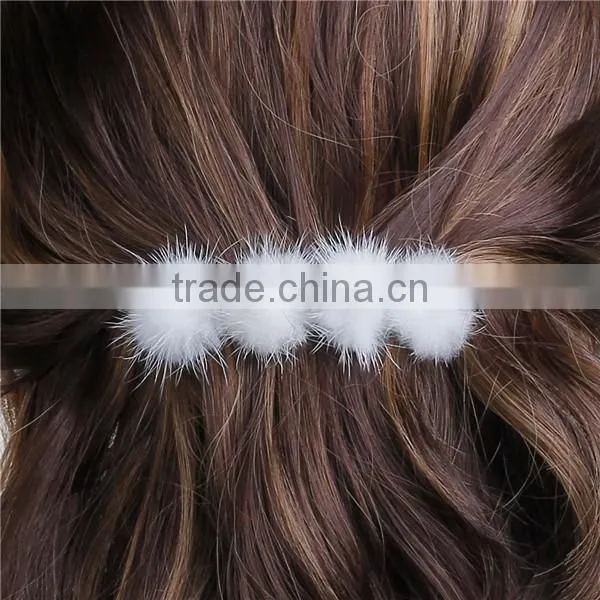 Sable Fur Hair Clips Findings Pom Ball Silver Tone White 95mm x 30mm