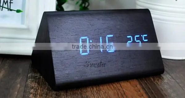(Crazy Hot Selling)Wholesale Digital Wooden LED Alarm Clock,Wooden Table Clock,sound control Alarm Clock,Triangle wooden clock