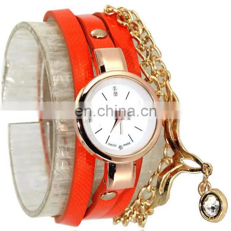 Rhombus Design Leather Charms Chain 3 Rolls Wrap Leather Bracelet Watch