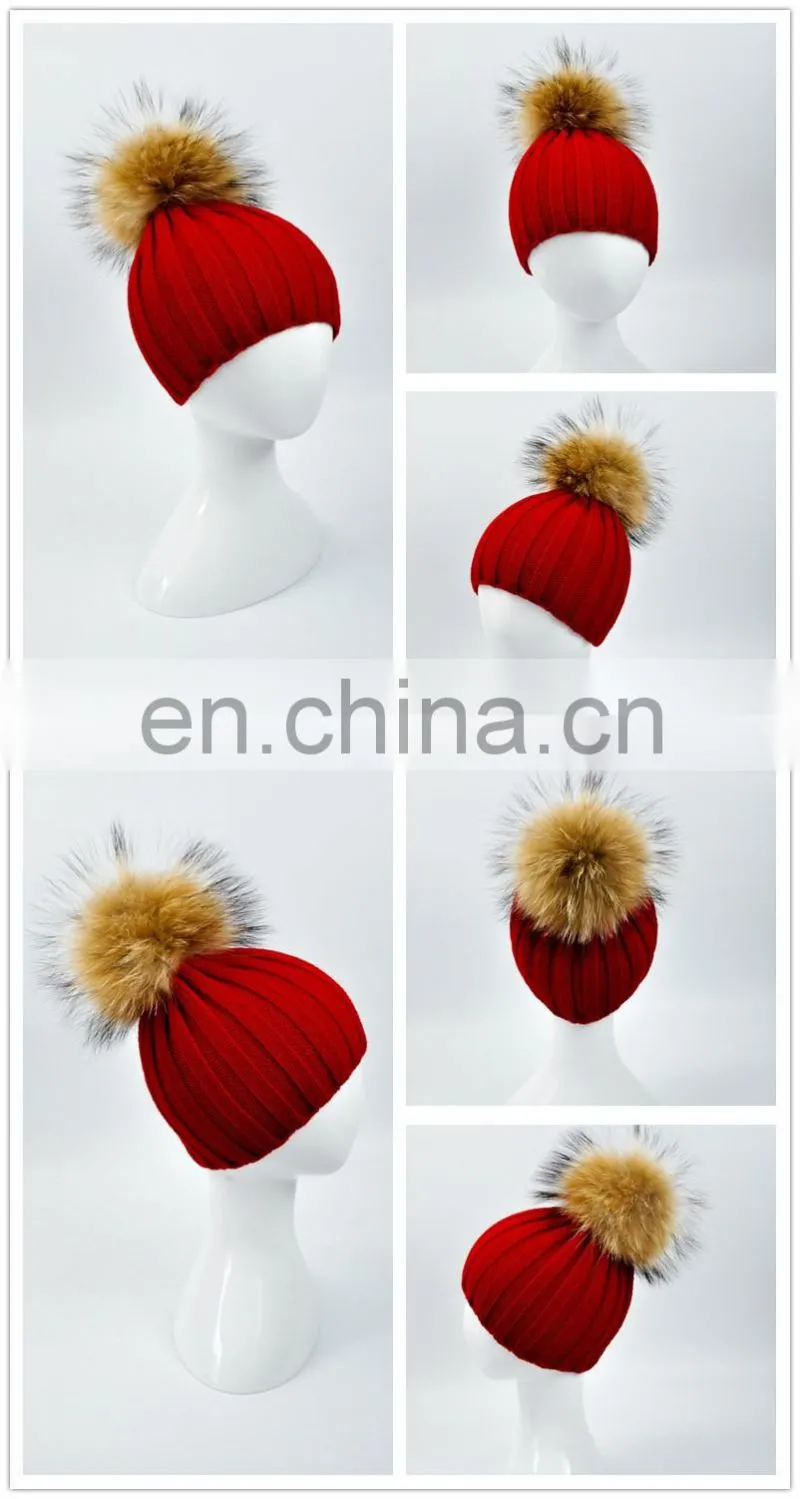 Top Lovely Light Blue Color Knitted Hat With Large Raccoon Fur Pom Pom Classic Fur Pom Hat Baby
