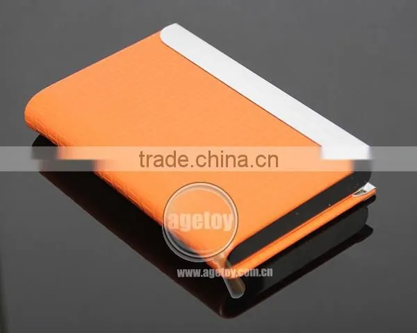 Orange Color Leather Stainless Steel Metal Leather Business Card Holder