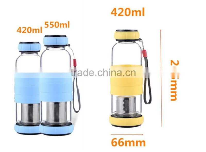 15oz high quality tea glass bottle Famous Glass Water Bottle Silicone Sleeve China manufacture clear tea infuser water bottle
