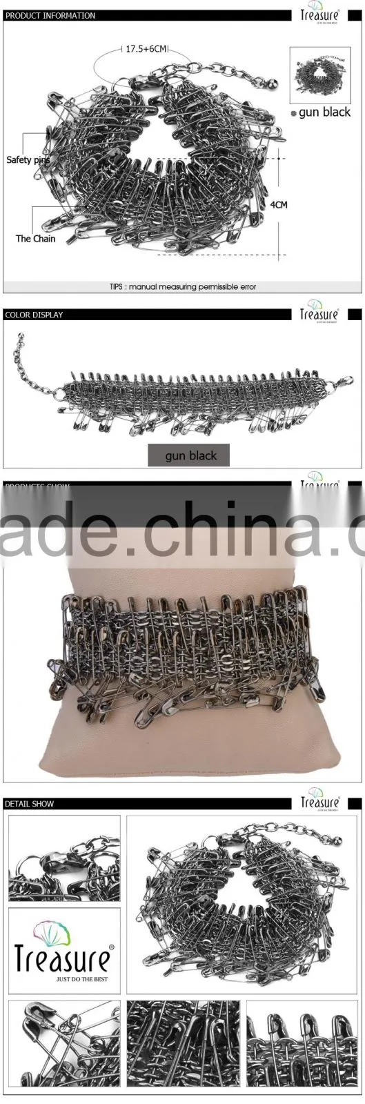 2016 Unique new design postmodernism gun black safty pins chain bracelet jewelry