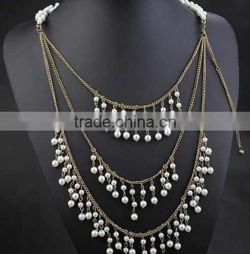 Latest High-end Gold Muti-layer Tassels Paerls Bead Necklace Body Jewelry Sex Body Chain