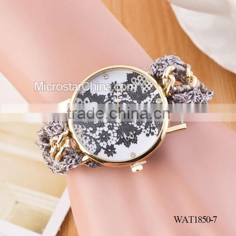 DIY hand made woven chain black flower fashion lady watch
