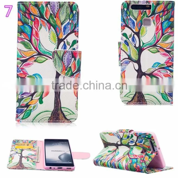 2016 New Colorful Pattern PU Leather Phone Bag Case for Huawei Ascend P9 P9 lite magnetic Book Cover With Card Slot