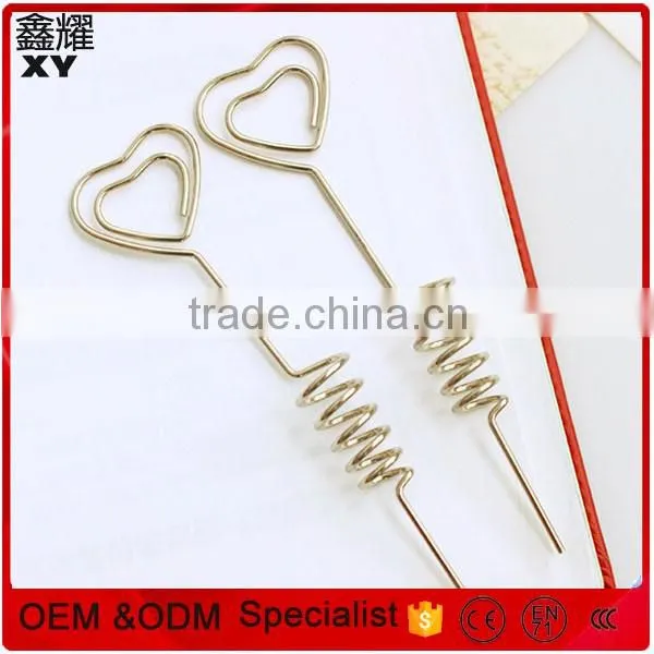 Shenzhen factory price color long rod metal stick silver wire heart shape paper clips with spring