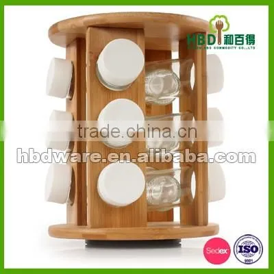 Kitchen wood condiment holder with glass jar set