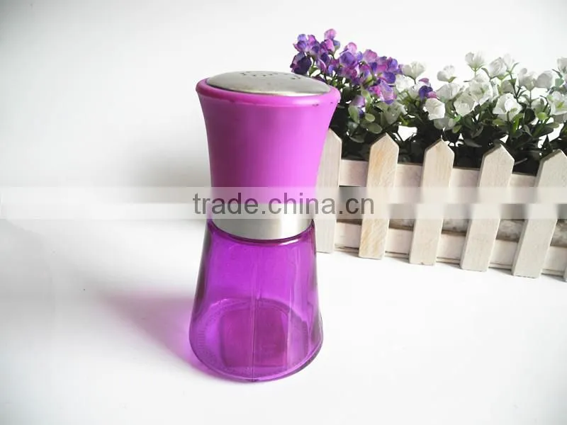 purple glass salt and pepper squat bottle with stainless steel cap