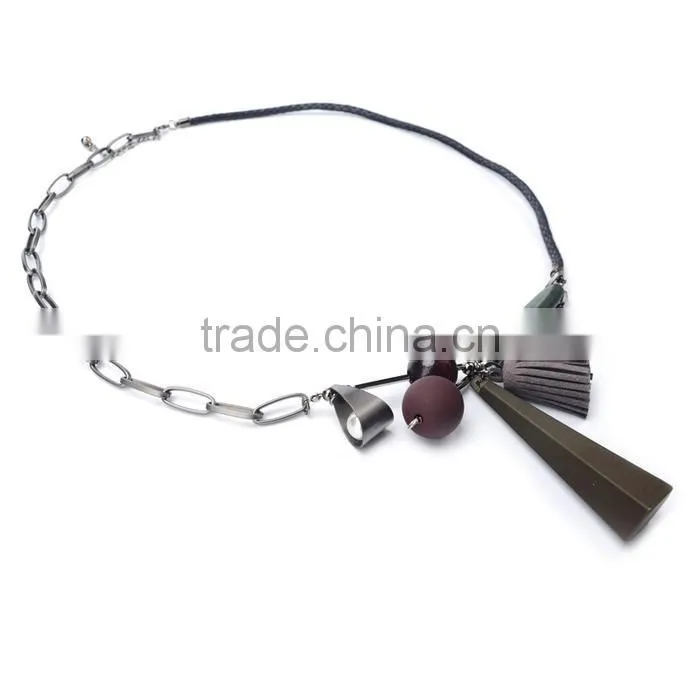 geometric wood bead rubber strip pendant necklace velvet leather tassel necklace chain linked suede leather necklace