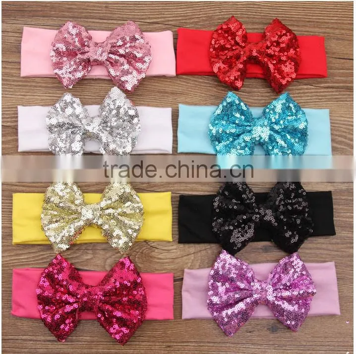 wholesale baby stretch hair headband blue fancy sequin bowknot Headband For Girls Headband Pretty Princess Hair Hands