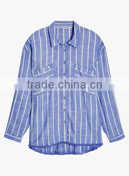 Wholesale 2017 Custom Ladies Fashion Frill Blouse Stripes Relaxed Ruffle Shirts