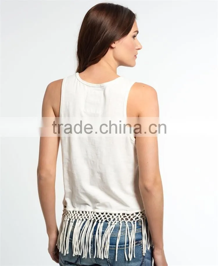 2016 Guangzhou Shandao Fashion Design Summer Casual Sleeveless Tassels Bottom Round Neck White Cotton New Style Top For Girls