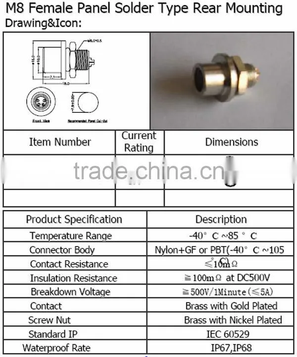 M8 Female panel solder type rear mounting Waterproof Connector