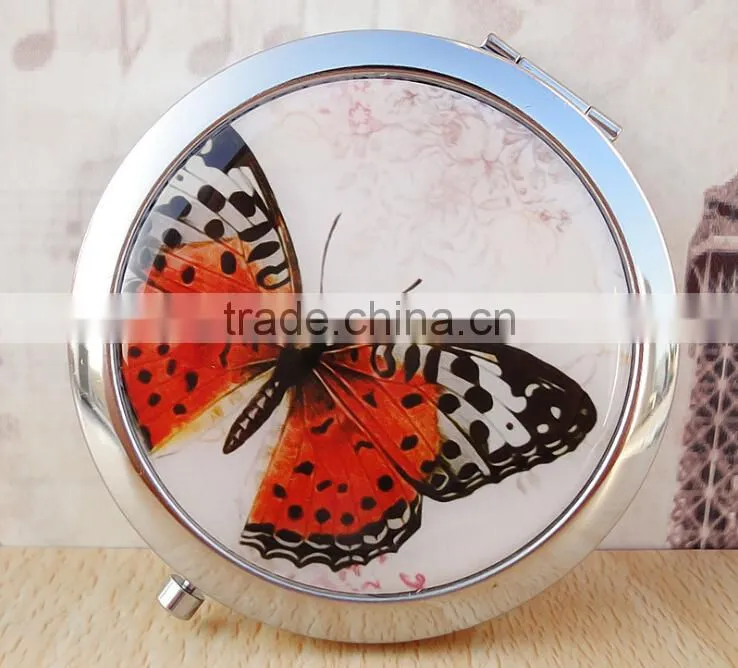 7cm Round Cosmetic Purse Compact Makeup Handbag Mirror with Butterfly