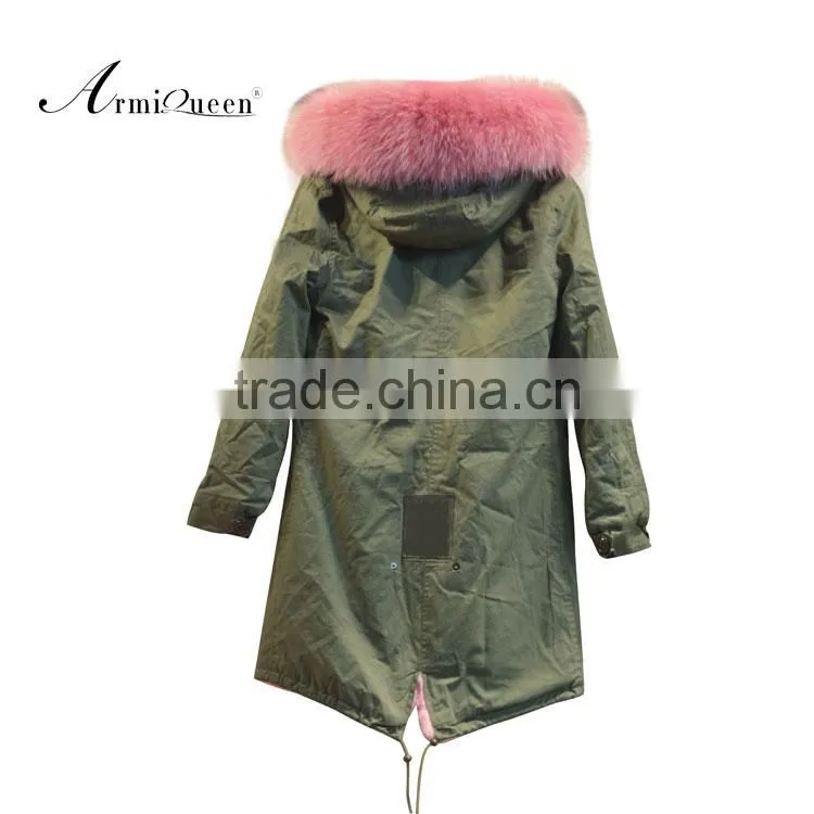 Pretty comfortable pink fur long jacket raccoon big fur collar be warm winter coats