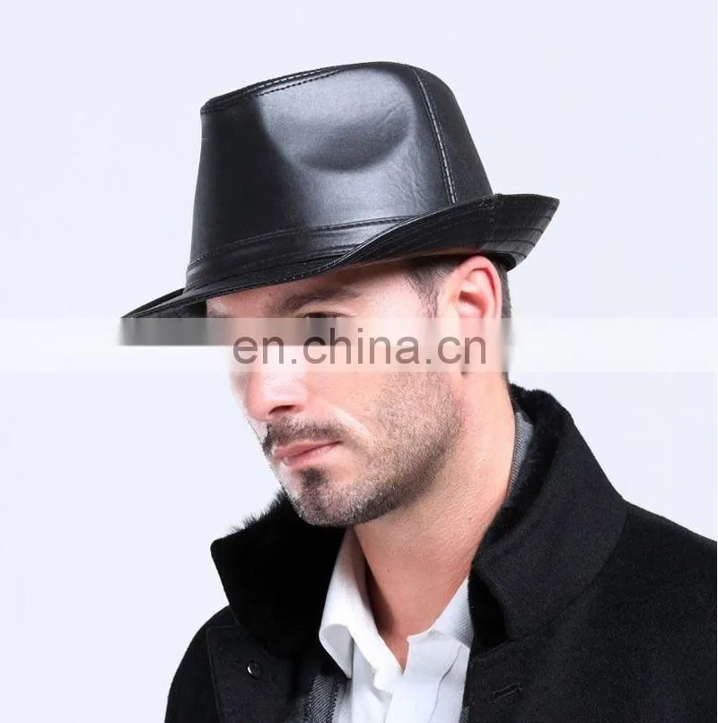 Gentleman fashion leather bucket/fedora cap/ hat in black
