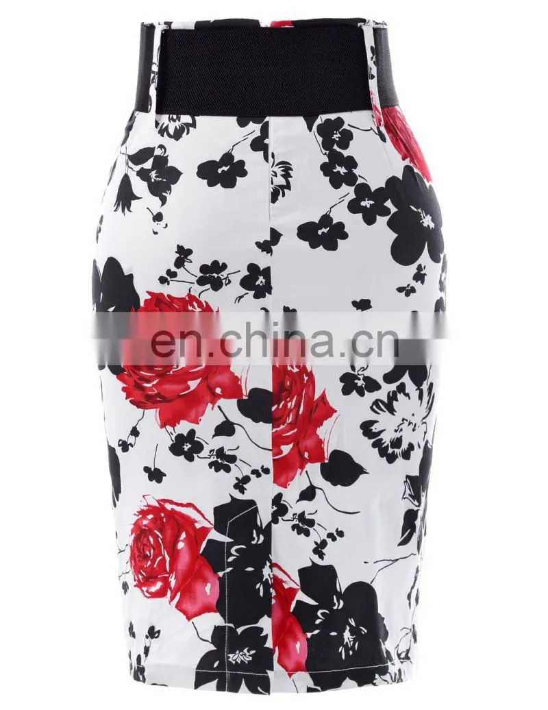 Kate Kasin Women's Shirred Detail Flower Pattern Cotton Pencil Skirt with Wide Belt KK000610-2