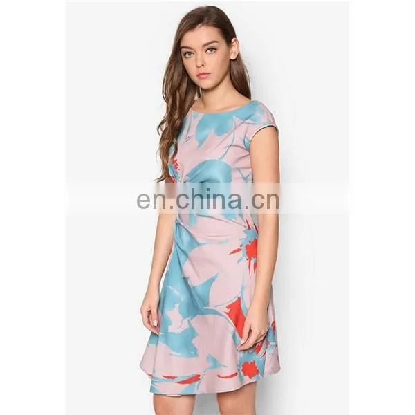 Latest women clothing high quality cap sleeve print side ruched dresses for women
