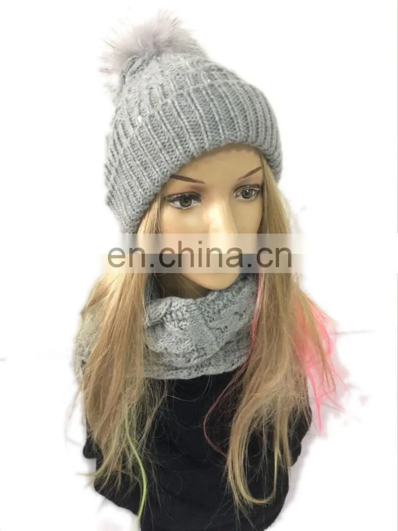 Newest women's fashion winter pur colour acrylic knitted scarf hat set with ball on hat