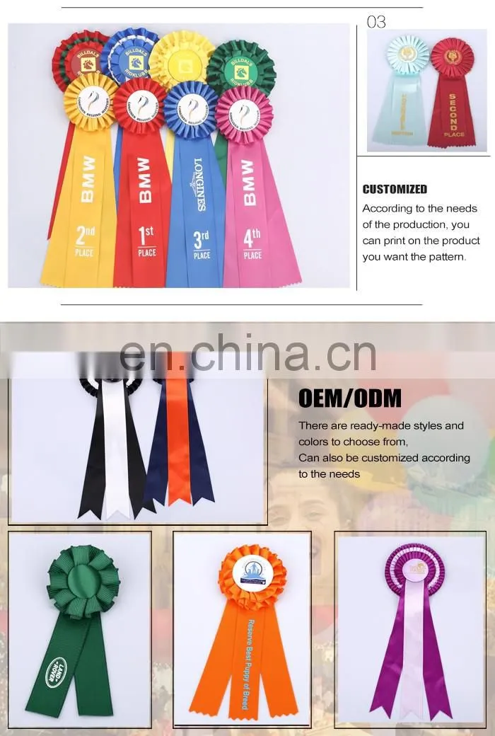 Custom handmade satin rosette award ribbon with safety pin