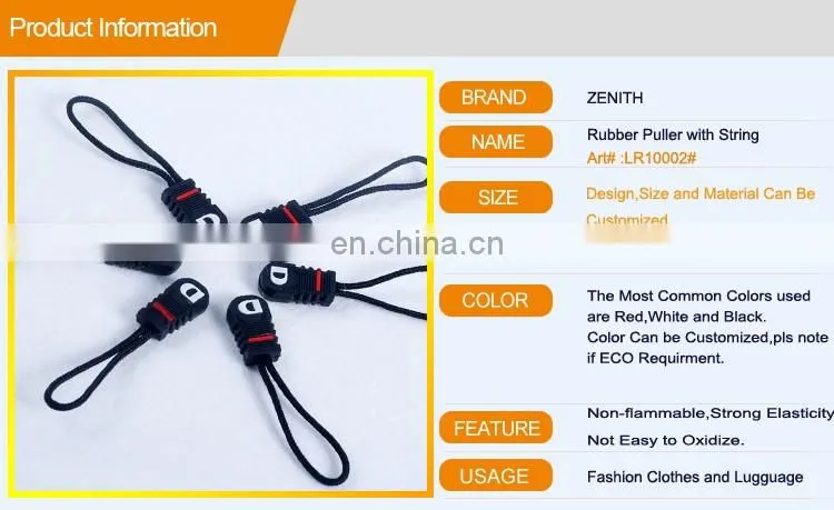 Customized Rubber Zipper Puller Slider with Rope LR10002