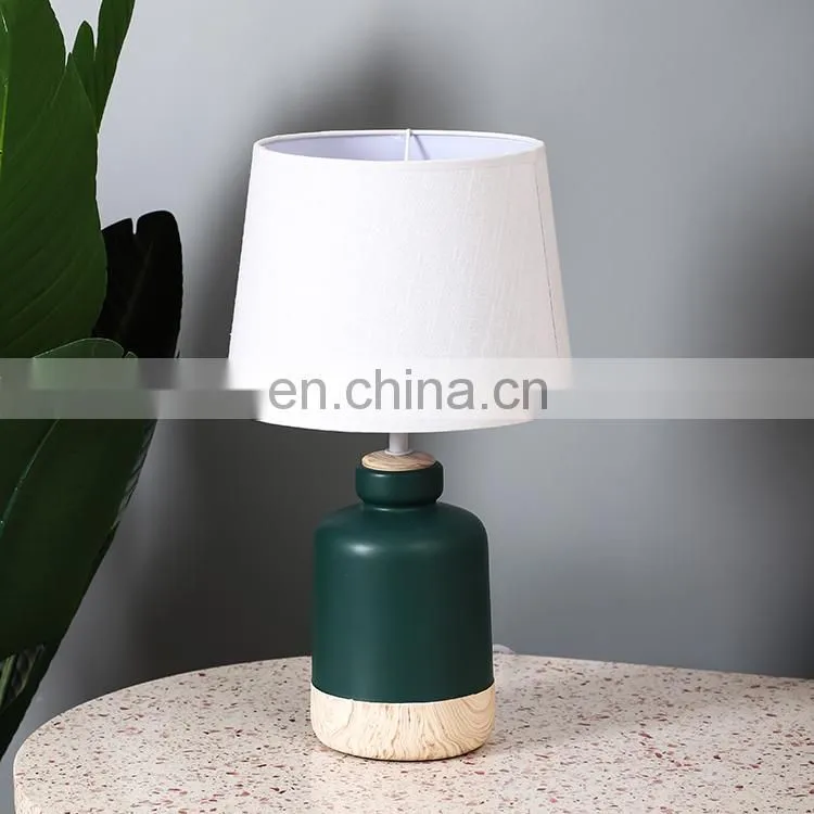 New arrival living room desk light dark green indoor ceramic lamp with linen lampshade