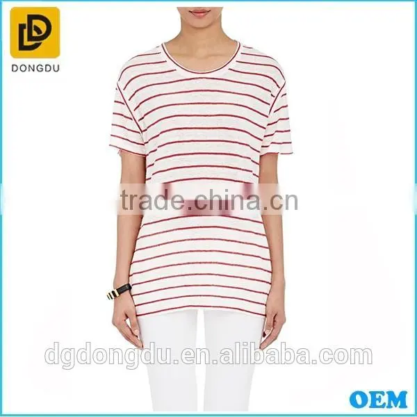 Wholesale 2016 Cheap Custom Pretty Quality Lady Striped Linen T-shirt