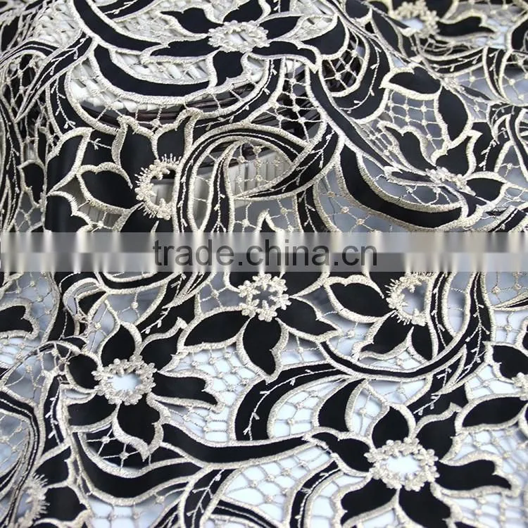Hot-selling promotional custom chemical evening sexy dress use hot popular black gold lace fabric