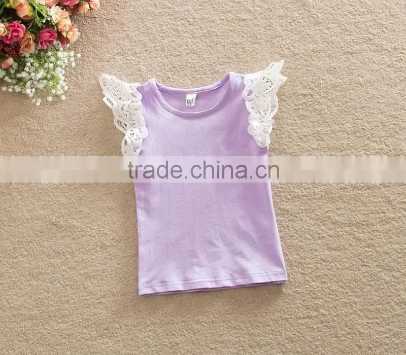 Ins New style kids boutique clothing colorful t-shirts fly sleve lace design pure cotton high quality newbron baby girls shirts