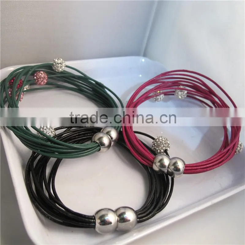 2013 fashion Cowhide Leather Magnetic Clasps Bracelets Brown Clear Rhinestone Beads 20cm(7 7/8") mix order RBB061