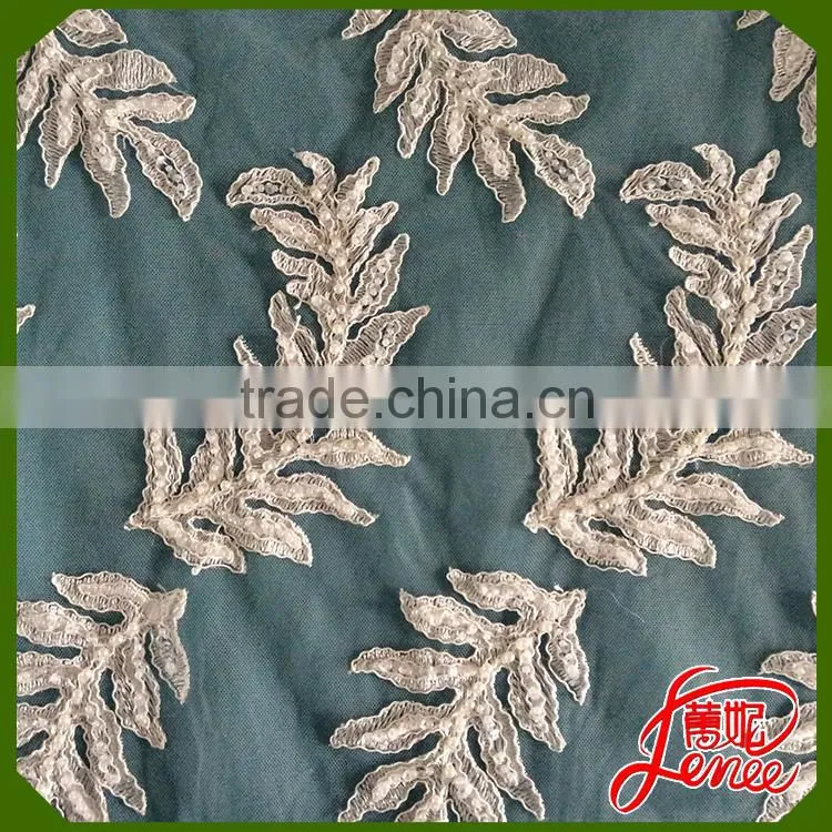 Handmade Leaf Design Pearl Beads Mesh Embroidery Fabric Wholesale Price
