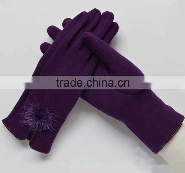 Wholesale Comfortable Winter Girls Rabbit Fur balls Cuff Thick Wool Gloves