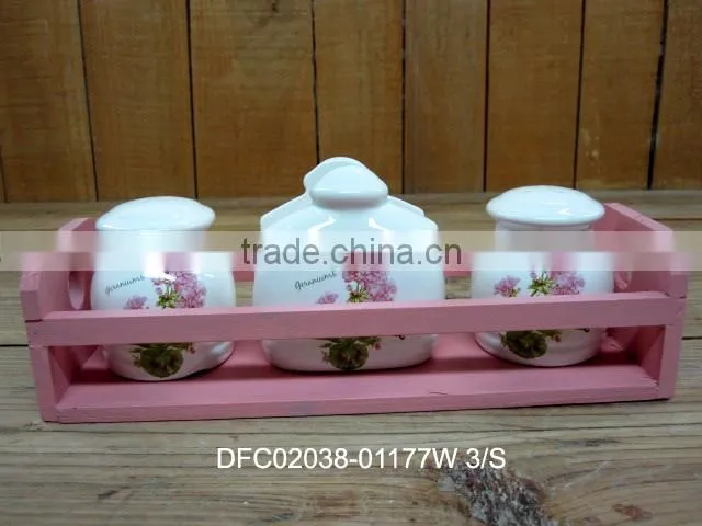 Flower Decal Napkin Holder with Salt Pepper Shakers with Pink Wooden Stand