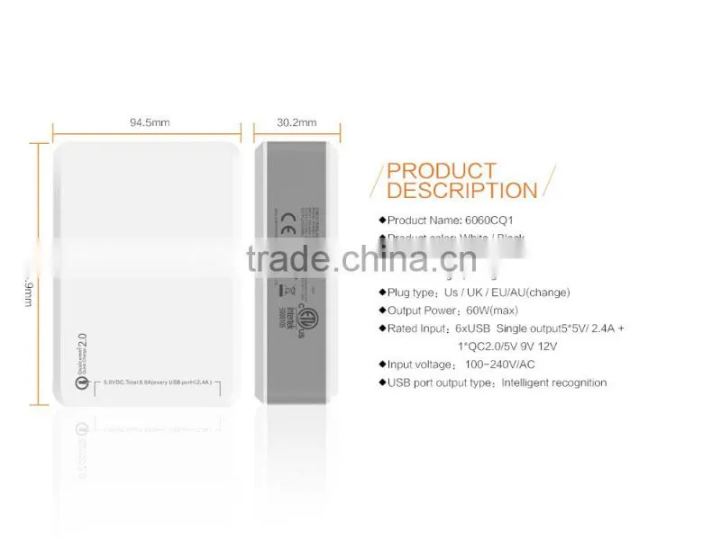 Qualcomm QC2.0 6 Ports tablet charger 40W 8A USB Charger adpater multiple usb travel charger