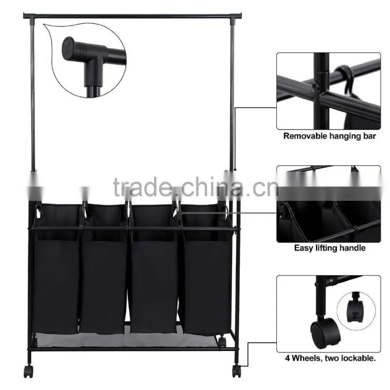 Black Heavy Duty 4-bag Rolling Laundry Sorter/Cart/Rack Hamper with Hanging Bar