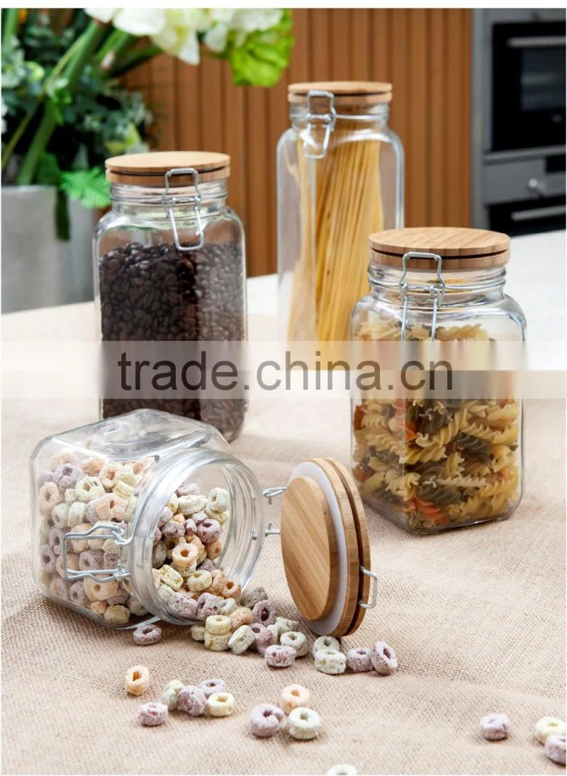 SINOGLASS trade assurance 1200ml glass jar clip top storage jar with bamboo lid bamboo cookie storage jar