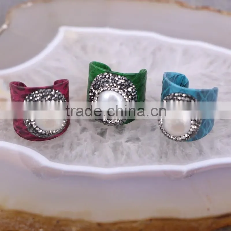 Natural Freshwater Pearl Ring, Snakeskin Rings, Pave Setting Crystal Jewelry Finger Gemstone Fashion Ring