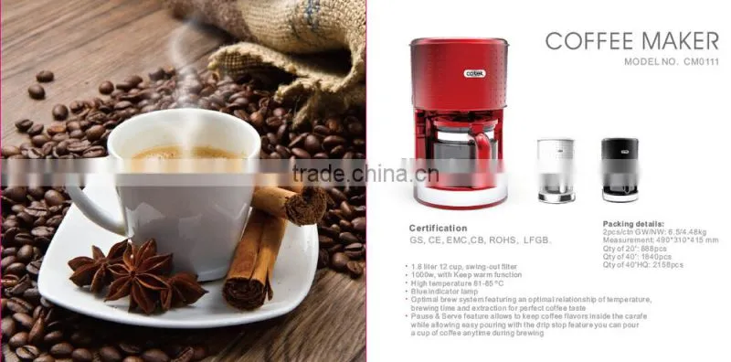 Coffee machine/10-12cup dots desigh electric drip coffee maker with CE, CB, GS, ROHS, EMC, LFGB
