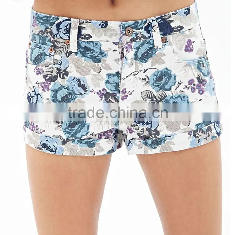 Latest design fashion blue 100% viscose low waist mini tight skirt and shorts girls floral shorts